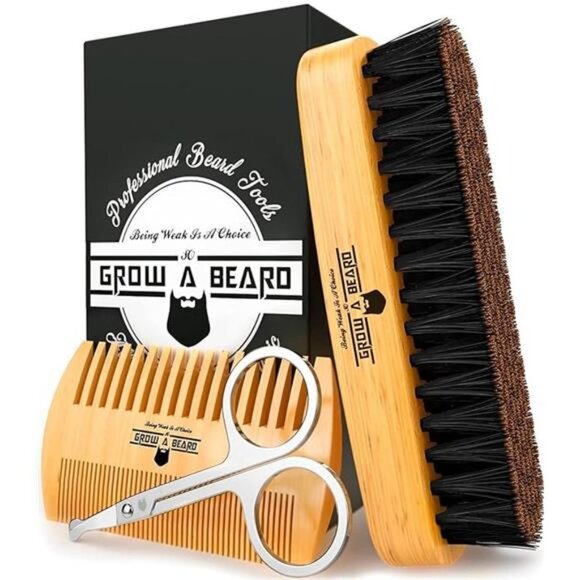 Beard Brush For Men & Beard Comb Set w/Mustache Scissors Grooming Kit - Picture 7 of 7